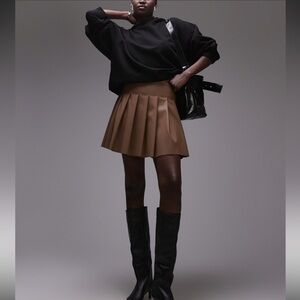 Topshop Tall faux leather clean pleat mini skirt in coffee